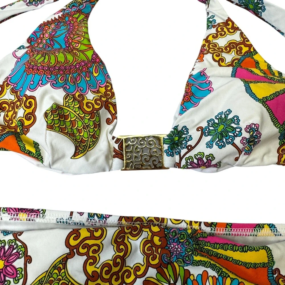 Trina Turk Floral Paisley Bikini Set Gold Filigree Hardware Halter Two Piece